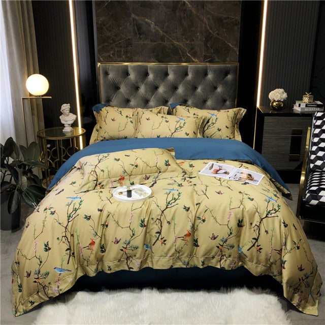 Egyptian Cotton  4Pcs Birds and Flowers Leaf Gray Shabby Duvet Cover Bed sheet Pillow shams