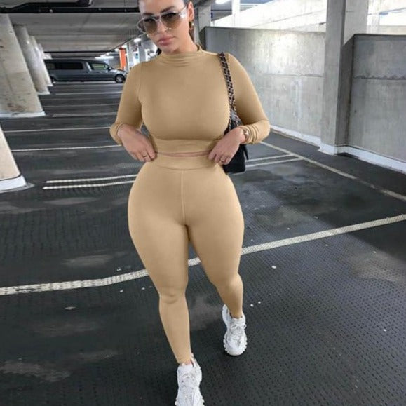 Tracksuit women turtleneck full sleeveless crop top+leggings matching set stretchy sporty fitness casual outfits-Dollar Bargains Online Shopping Australia