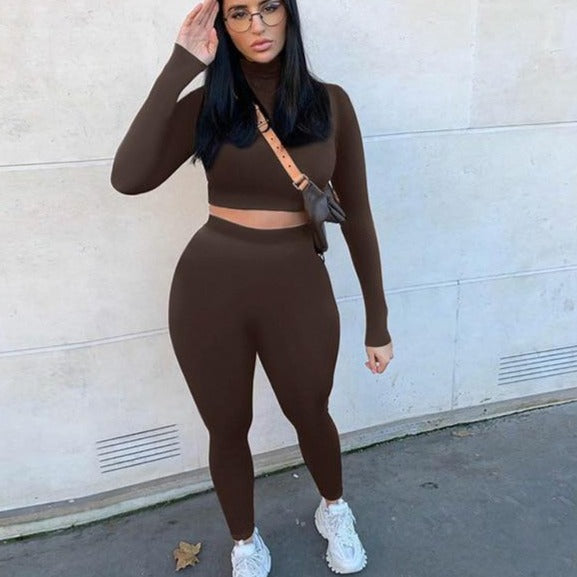 Tracksuit women turtleneck full sleeveless crop top+leggings matching set stretchy sporty fitness casual outfits-Dollar Bargains Online Shopping Australia
