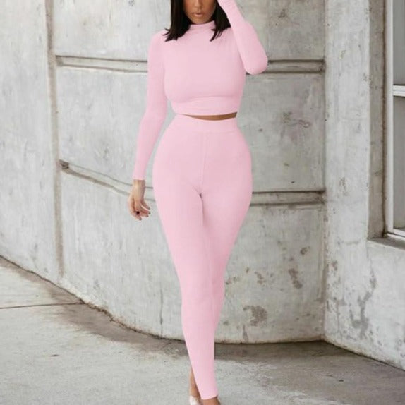 Tracksuit women turtleneck full sleeveless crop top+leggings matching set stretchy sporty fitness casual outfits-Dollar Bargains Online Shopping Australia