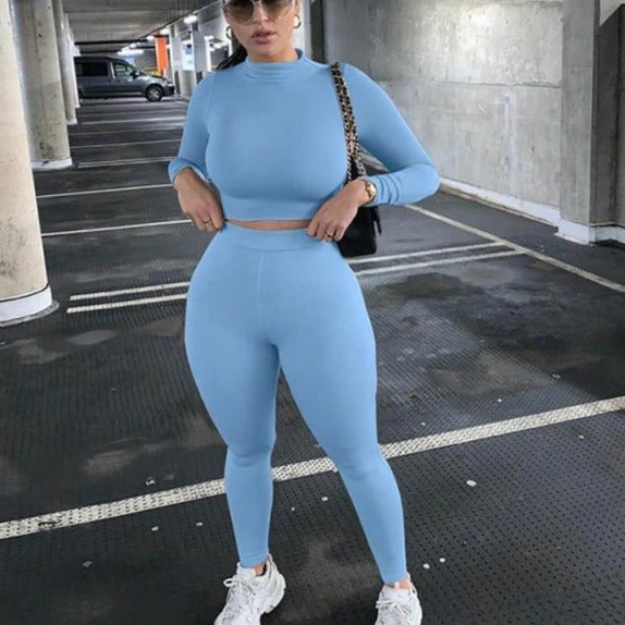 Tracksuit women turtleneck full sleeveless crop top+leggings matching set stretchy sporty fitness casual outfits-Dollar Bargains Online Shopping Australia