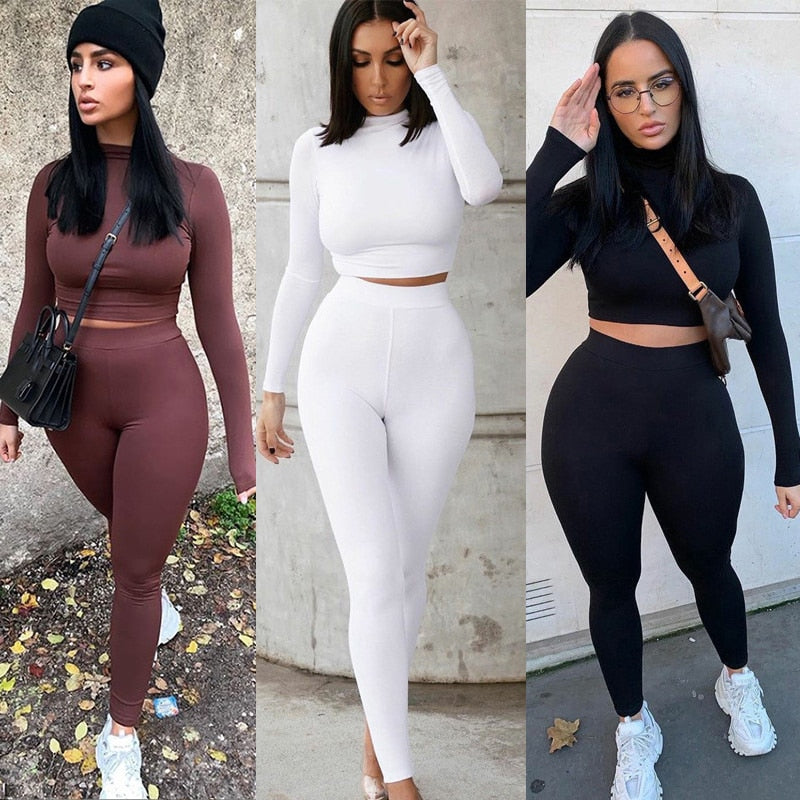 Two Piece Sets Women Solid Autumn Tracksuits High Waist Stretchy Sportswear Hot Crop Tops And Leggings Matching Outfits-Dollar Bargains Online Shopping Australia