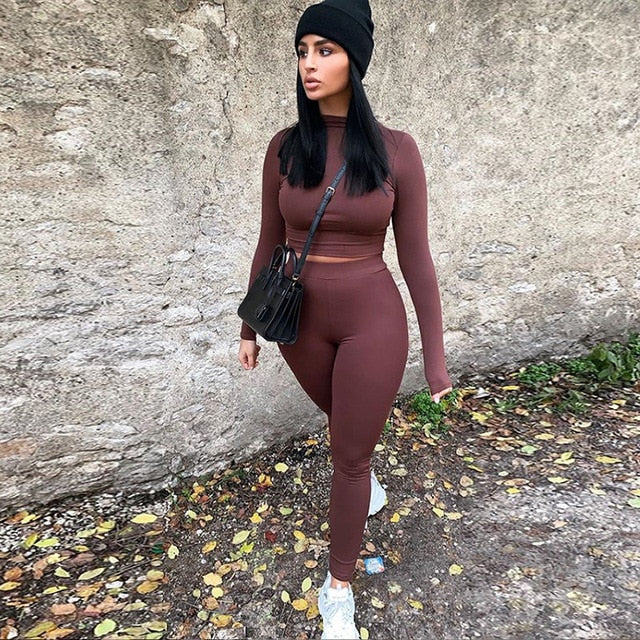 Two Piece Sets Women Solid Autumn Tracksuits High Waist Stretchy Sportswear Hot Crop Tops And Leggings Matching Outfits-Dollar Bargains Online Shopping Australia