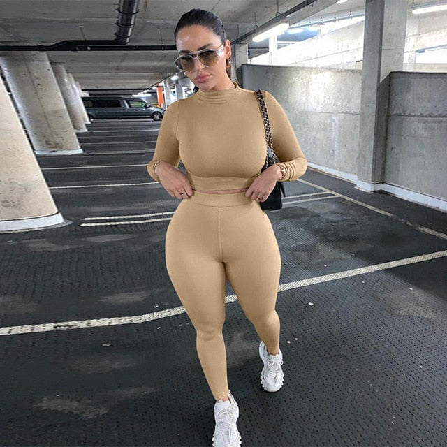 Two Piece Sets Women Solid Autumn Tracksuits High Waist Stretchy Sportswear Hot Crop Tops And Leggings Matching Outfits-Dollar Bargains Online Shopping Australia