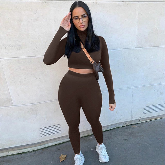 Two Piece Sets Women Solid Autumn Tracksuits High Waist Stretchy Sportswear Hot Crop Tops And Leggings Matching Outfits-Dollar Bargains Online Shopping Australia