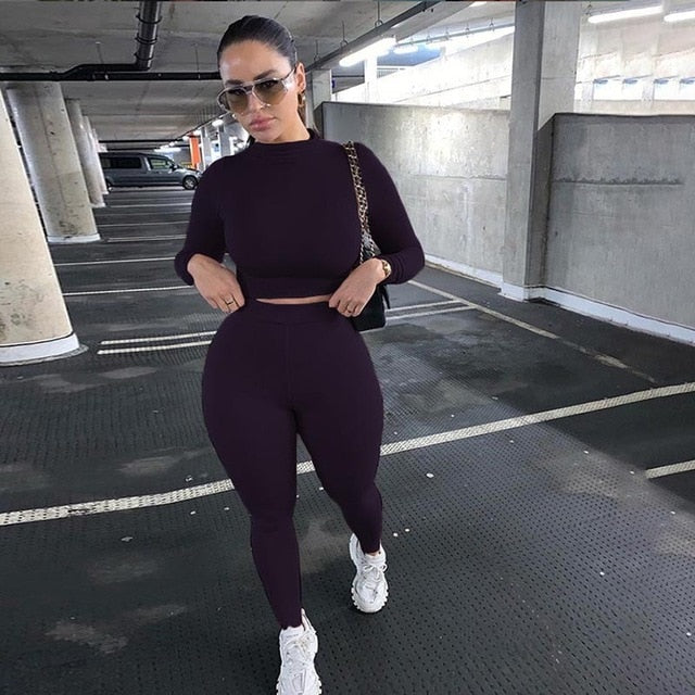 Two Piece Sets Women Solid Autumn Tracksuits High Waist Stretchy Sportswear Hot Crop Tops And Leggings Matching Outfits-Dollar Bargains Online Shopping Australia