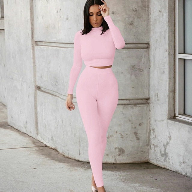 Two Piece Sets Women Solid Autumn Tracksuits High Waist Stretchy Sportswear Hot Crop Tops And Leggings Matching Outfits-Dollar Bargains Online Shopping Australia
