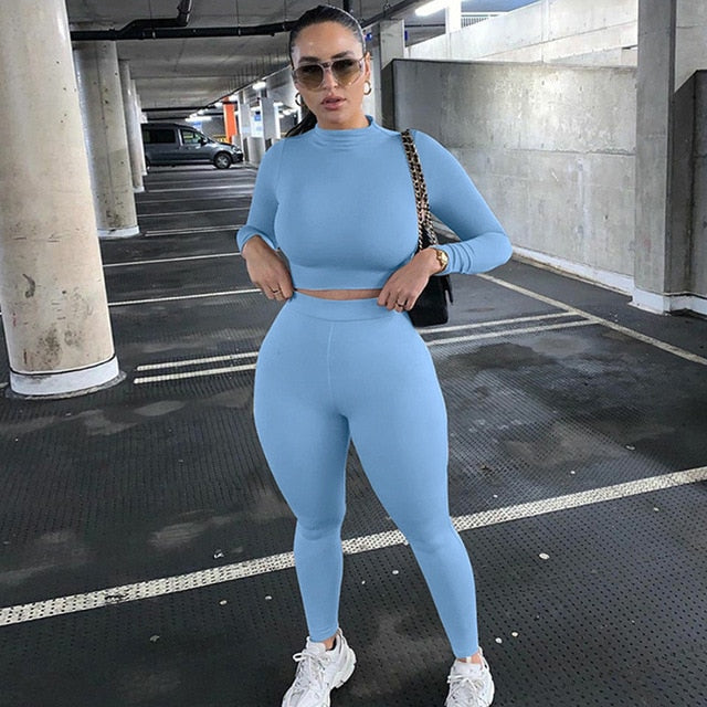 Two Piece Sets Women Solid Autumn Tracksuits High Waist Stretchy Sportswear Hot Crop Tops And Leggings Matching Outfits-Dollar Bargains Online Shopping Australia