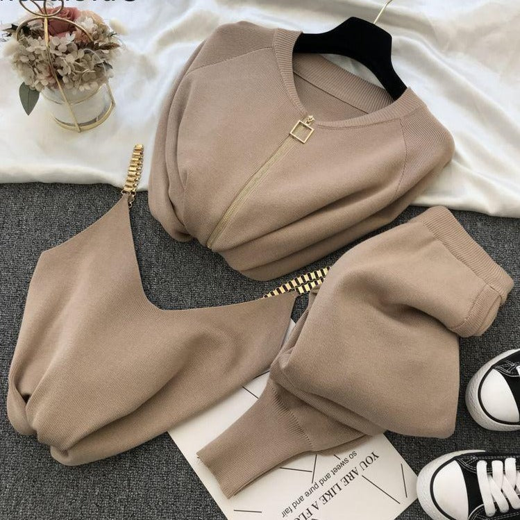 Autumn Winter Knitted Vest Zipper Cardigans Pants 3pcs Sets Tracksuits Outfits-Dollar Bargains Online Shopping Australia
