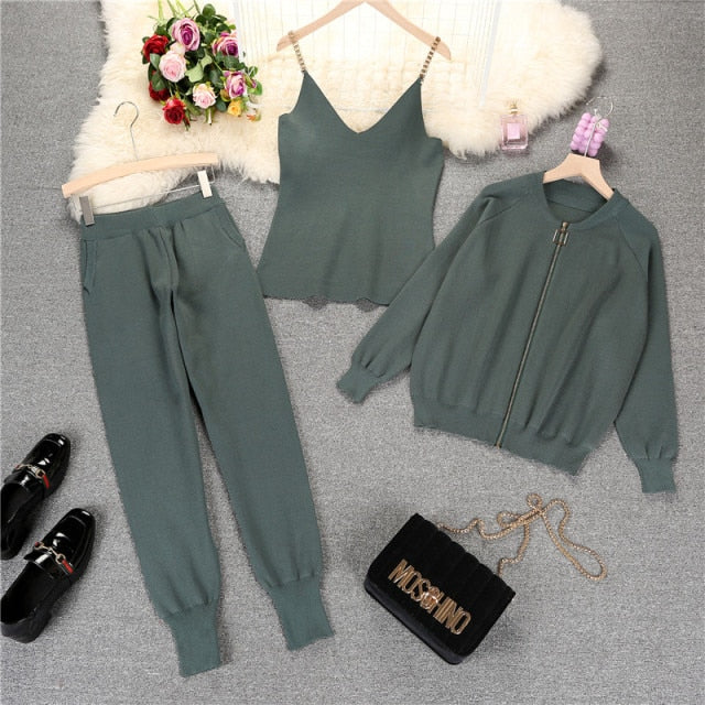 Autumn Winter Knitted Vest Zipper Cardigans Pants 3pcs Sets Tracksuits Outfits-Dollar Bargains Online Shopping Australia