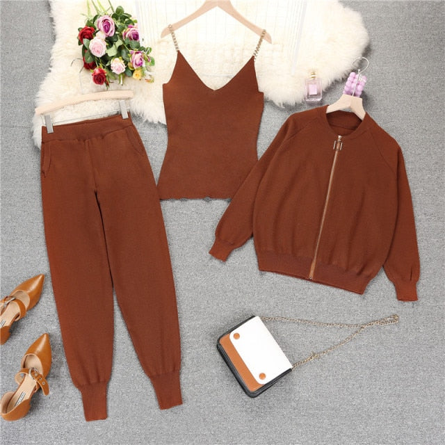 Autumn Winter Knitted Vest Zipper Cardigans Pants 3pcs Sets Tracksuits Outfits-Dollar Bargains Online Shopping Australia