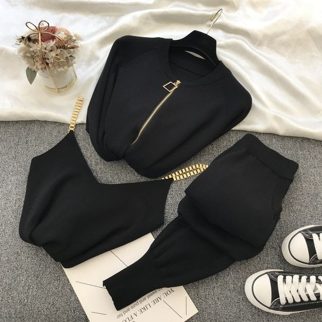 Autumn Winter Knitted Vest Zipper Cardigans Pants 3pcs Sets Tracksuits Outfits-Dollar Bargains Online Shopping Australia