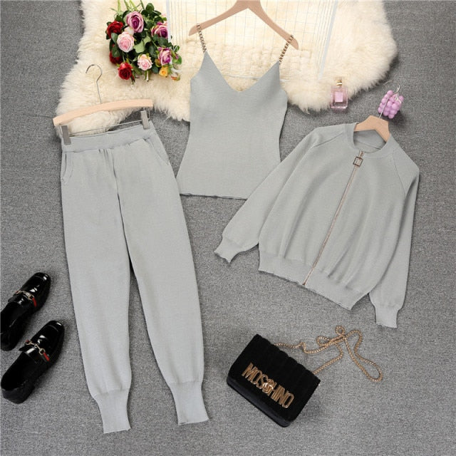 Autumn Winter Knitted Vest Zipper Cardigans Pants 3pcs Sets Tracksuits Outfits-Dollar Bargains Online Shopping Australia