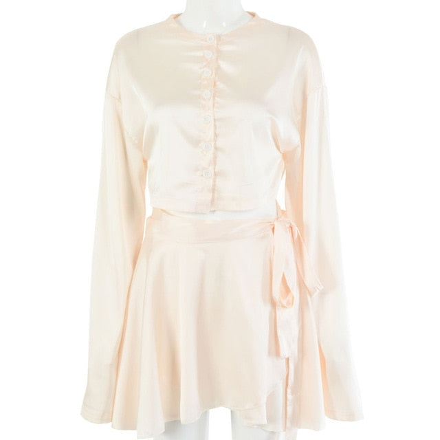 Casual Satin Two Piece Dress Set For Women White O-neck Button Top Bandage Mini Pencil Skirts Outfits Fashion Party Suit-Dollar Bargains Online Shopping Australia