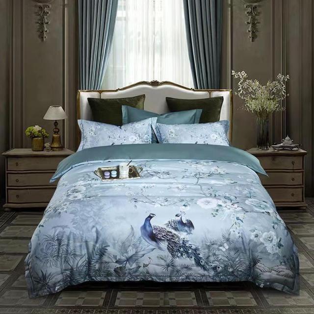 Egyptian Cotton Bedding Queen King size 4Pcs Birds and Flowers Leaf Gray Shabby Duvet Cover Bed sheet Pillow shams