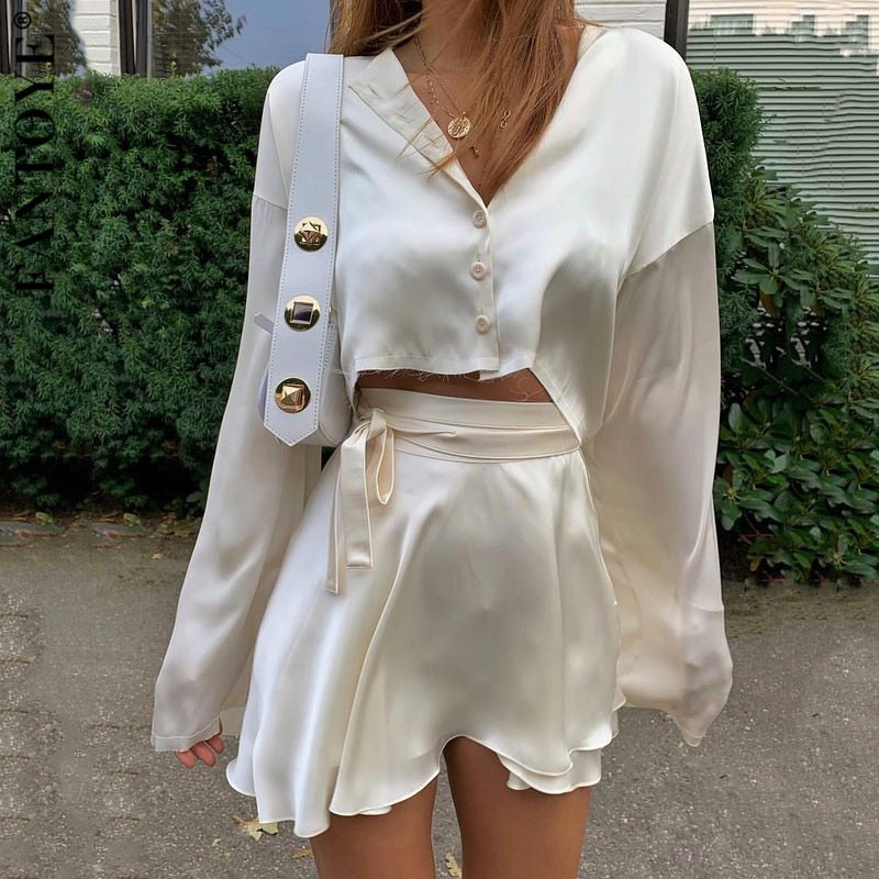 Casual Satin Two Piece Dress Set For Women White O-neck Button Top Bandage Mini Pencil Skirts Outfits Fashion Party Suit-Dollar Bargains Online Shopping Australia