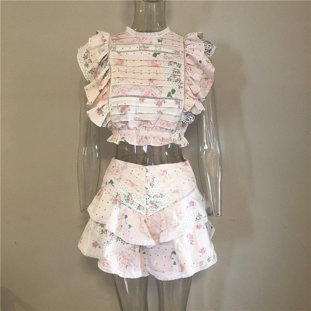 Sunday Set elastic waistband Cropped top with ruffle detail and cute ruffle mini shorts skirts-Dollar Bargains Online Shopping Australia