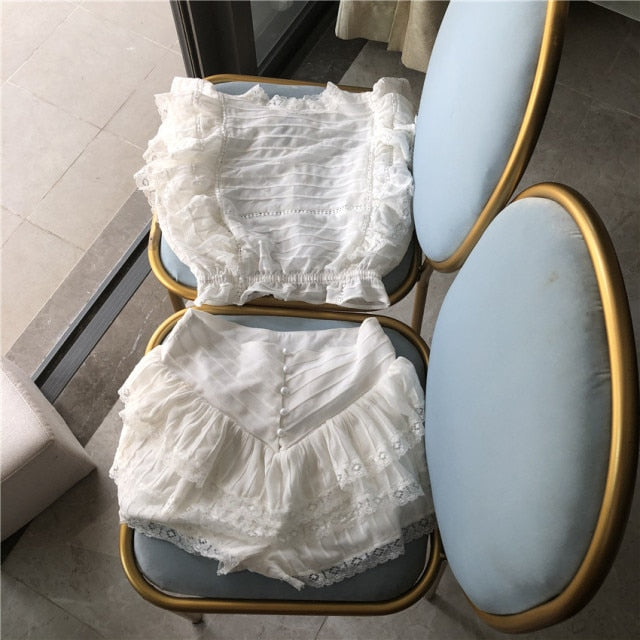 Sunday Set elastic waistband Cropped top with ruffle detail and cute ruffle mini shorts skirts-Dollar Bargains Online Shopping Australia