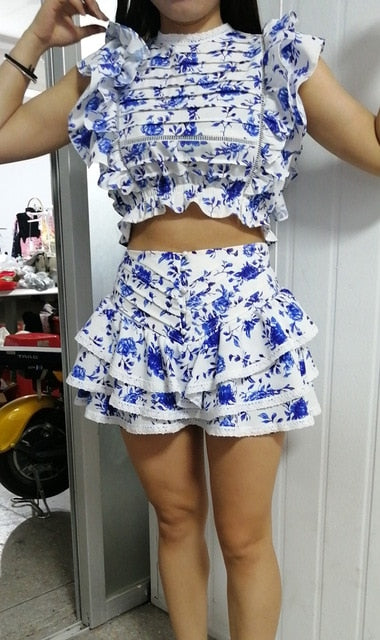 Sunday Set elastic waistband Cropped top with ruffle detail and cute ruffle mini shorts skirts-Dollar Bargains Online Shopping Australia