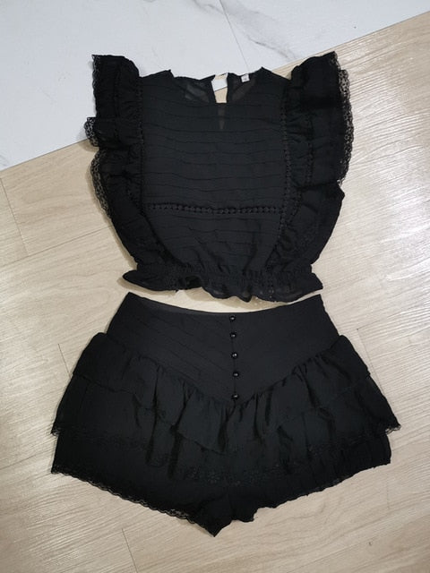 Sunday Set elastic waistband Cropped top with ruffle detail and cute ruffle mini shorts skirts-Dollar Bargains Online Shopping Australia