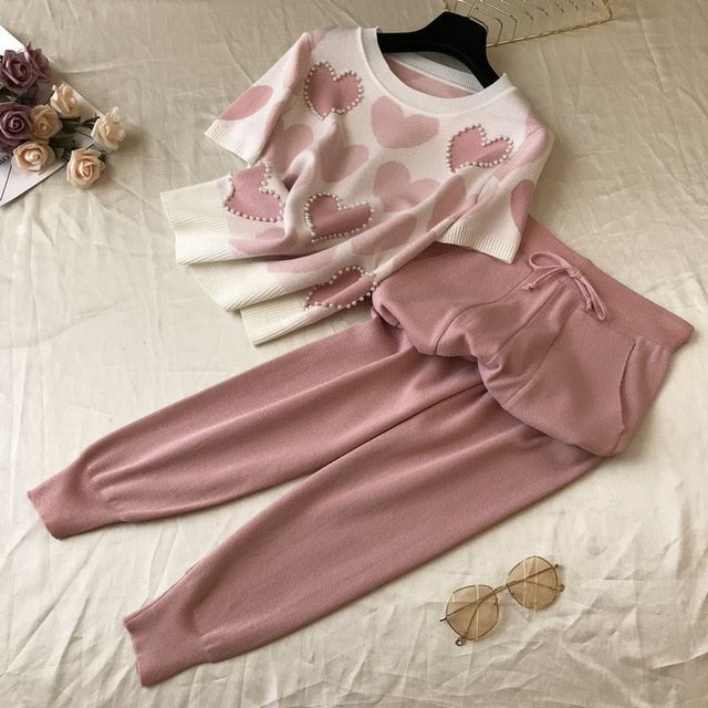 Korean summer Love printed knitted 2 Peice Set Women short sleeve beading Sweater Female tops+pants Suit pink casual Tracksuit-Dollar Bargains Online Shopping Australia