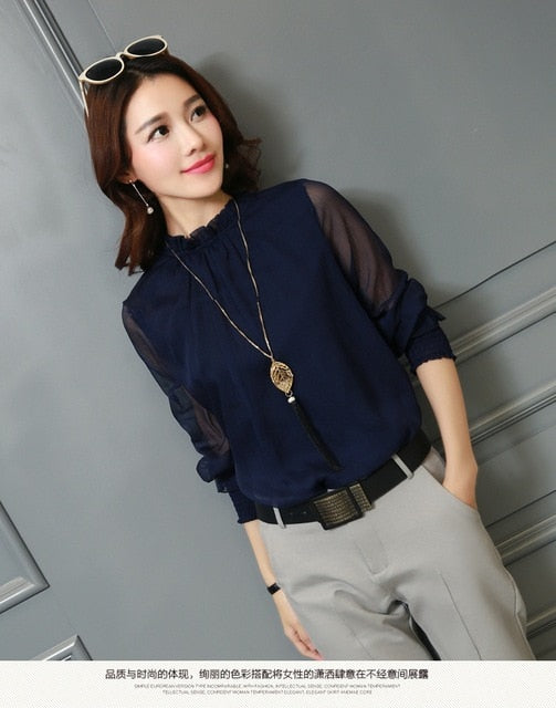 Chiffon Blouse Tops Long Sleeve Stand Neck Work Wear Shirts Elegant Lady Casual Blouses