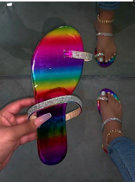 Glitter Slippers Women Summer Sandals Fashion Bling Female Candy Color Flip Flops Beach Diamond Flat Shoes Outdoor Sandals