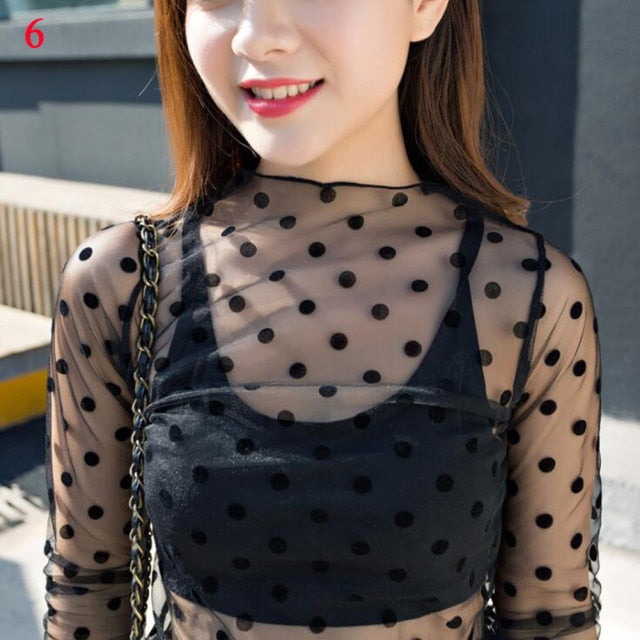 Women Long Sleeve See Through Mesh Fishnet Casual Top Tee Shirt Sheer Black Lace Star Dots