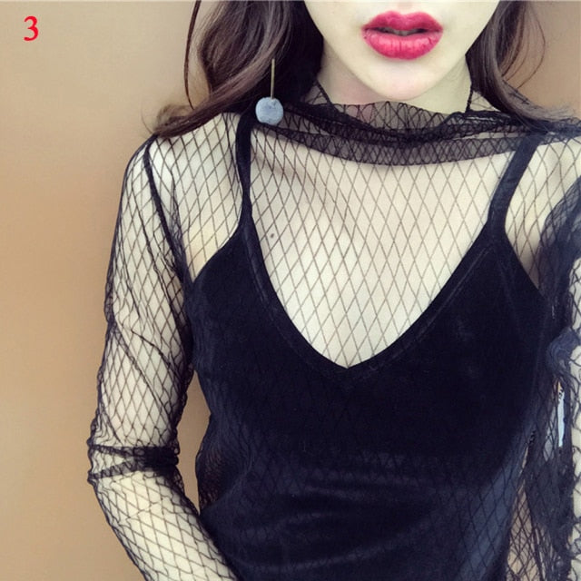 Women Long Sleeve See Through Mesh Fishnet Casual Top Tee Shirt Sheer Black Lace Star Dots
