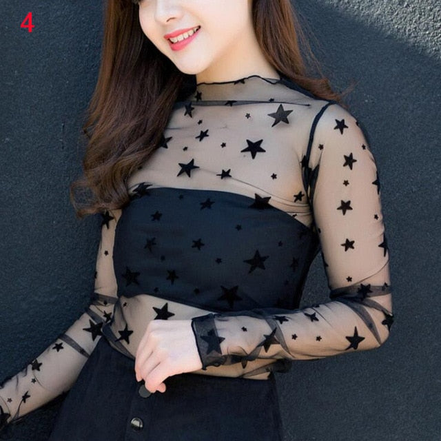 Women Long Sleeve See Through Mesh Fishnet Casual Top Tee Shirt Sheer Black Lace Star Dots