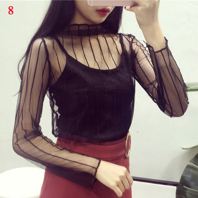Women Long Sleeve See Through Mesh Fishnet Casual Top Tee Shirt Sheer Black Lace Star Dots