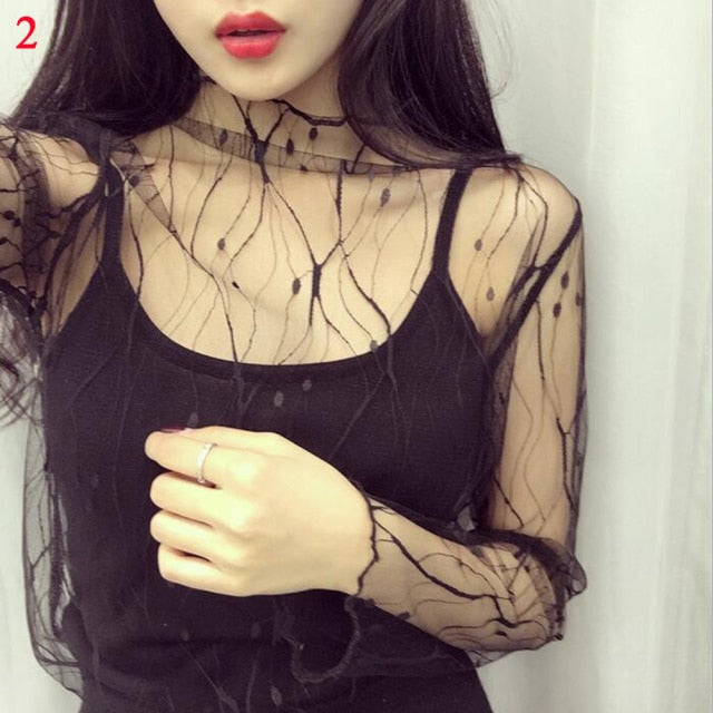 Women Long Sleeve See Through Mesh Fishnet Casual Top Tee Shirt Sheer Black Lace Star Dots