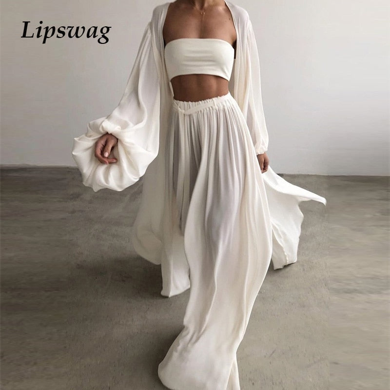 Spring Soft Women Three Piece Set Fashion Wrap Cardigan Tops And High Waist Pants Suit Female Casual Simple Tracksuits Homewear-Dollar Bargains Online Shopping Australia