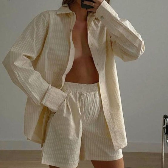 Loung Wear Tracksuit Women Shorts Set Stripe Long Sleeve Shirt Tops And Loose High Waisted Mini Shorts Two Piece Set 2021-Dollar Bargains Online Shopping Australia