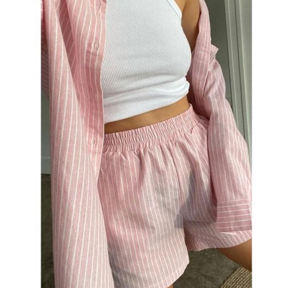 Loung Wear Tracksuit Women Shorts Set Stripe Long Sleeve Shirt Tops And Loose High Waisted Mini Shorts Two Piece Set 2021-Dollar Bargains Online Shopping Australia