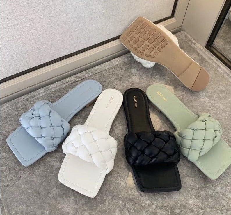 New Fashion Weave Slippers Women Square Toe Flat Casual Shoes Women Slide 2021 Summer Flip Flops Beach Sandal Slipper Big size41