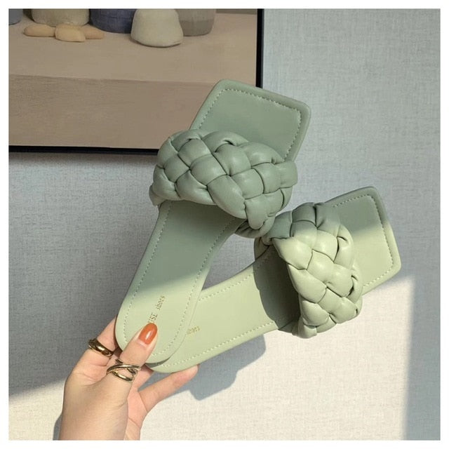 New Fashion Weave Slippers Women Square Toe Flat Casual Shoes Women Slide 2021 Summer Flip Flops Beach Sandal Slipper Big size41