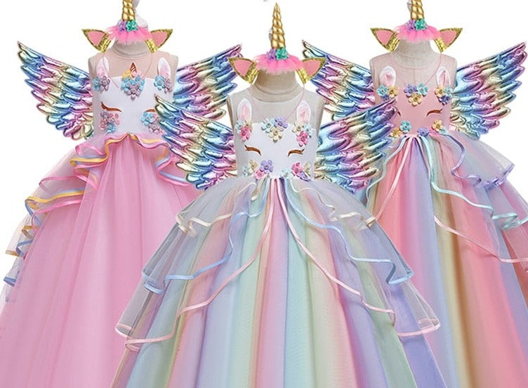 Flower Girl Unicorn Rainbow Wedding Party Dress Baby Birthday Unicorn Colorful Dance Performance Dress Set-Dollar Bargains Online Shopping Australia