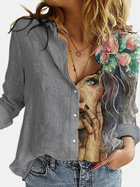 Turn Down Collar Long Sleeve Blouse Women Shirts Elegant Print Autumn Casual Office Button Shirt Tops-Dollar Bargains Online Shopping Australia