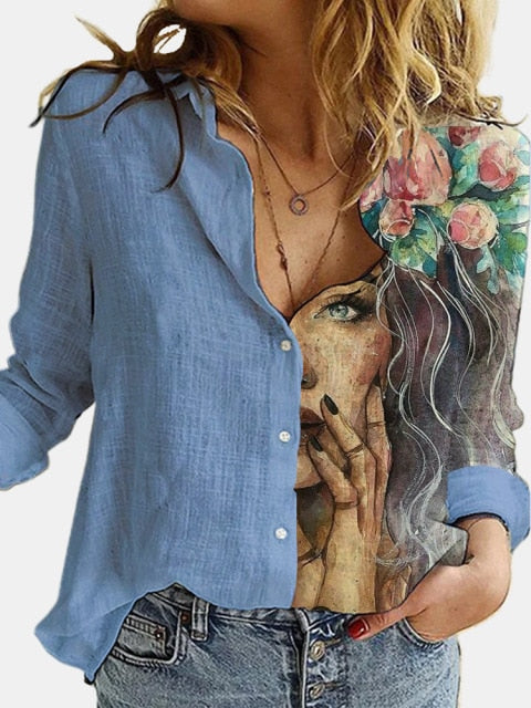 Turn Down Collar Long Sleeve Blouse Women Shirts Elegant Print Autumn Casual Office Button Shirt Tops-Dollar Bargains Online Shopping Australia