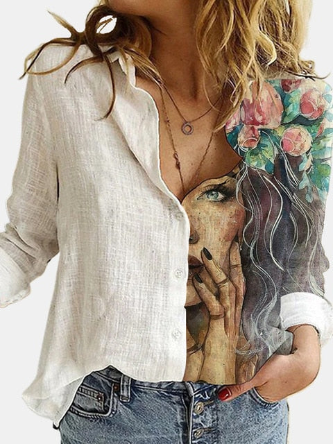 Turn Down Collar Long Sleeve Blouse Women Shirts Elegant Print Autumn Casual Office Button Shirt Tops-Dollar Bargains Online Shopping Australia