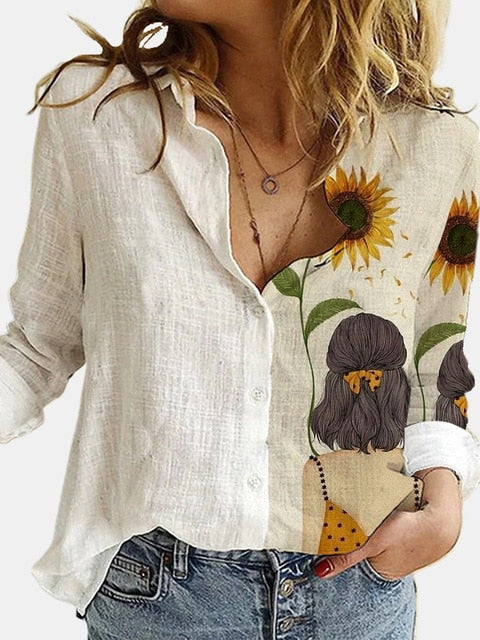 Turn Down Collar Long Sleeve Blouse Women Shirts Elegant Print Autumn Casual Office Button Shirt Tops-Dollar Bargains Online Shopping Australia