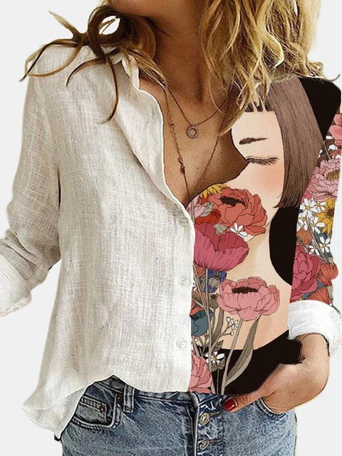 Turn Down Collar Long Sleeve Blouse Women Shirts Elegant Print Autumn Casual Office Button Shirt Tops-Dollar Bargains Online Shopping Australia