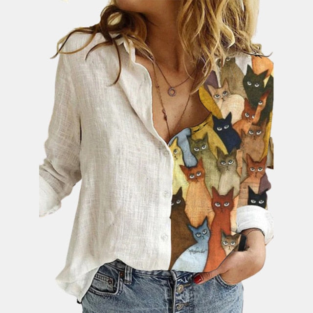 Turn Down Collar Long Sleeve Blouse Women Shirts Elegant Print Autumn Casual Office Button Shirt Tops-Dollar Bargains Online Shopping Australia