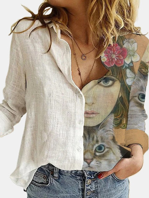 Turn Down Collar Long Sleeve Blouse Women Shirts Elegant Print Autumn Casual Office Button Shirt Tops-Dollar Bargains Online Shopping Australia