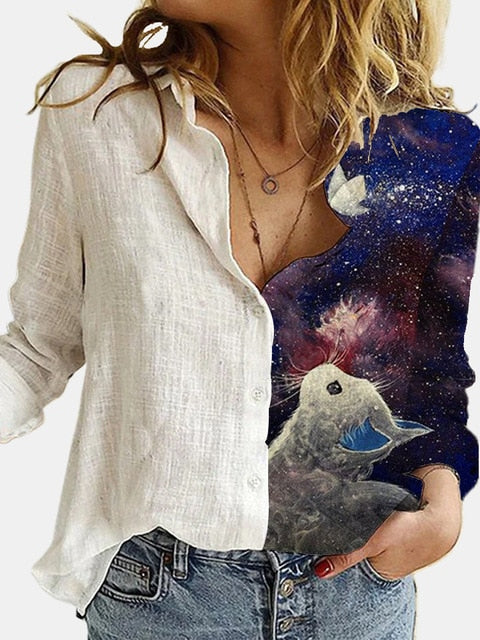 Turn Down Collar Long Sleeve Blouse Women Shirts Elegant Print Autumn Casual Office Button Shirt Tops-Dollar Bargains Online Shopping Australia