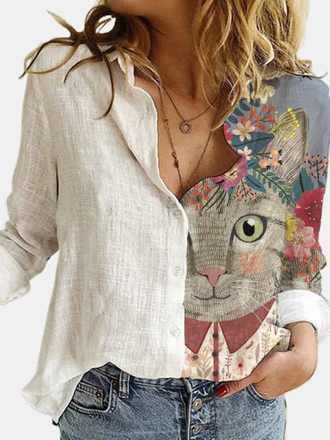 Turn Down Collar Long Sleeve Blouse Women Shirts Elegant Print Autumn Casual Office Button Shirt Tops-Dollar Bargains Online Shopping Australia