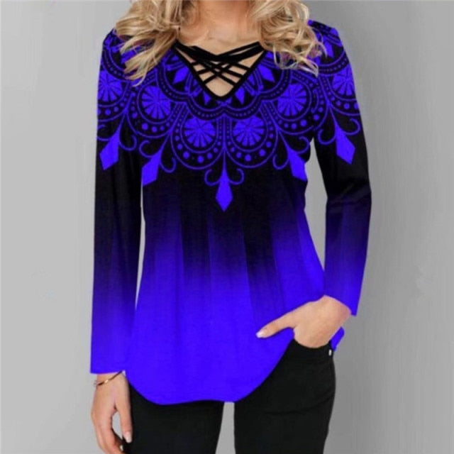 Oversized Blouses Long Sleeve Gradient Element Print Shirts Casual Cross V-Neck Ladies Tops