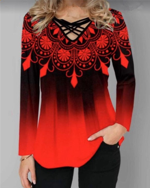 Oversized Blouses Long Sleeve Gradient Element Print Shirts Casual Cross V-Neck Ladies Tops