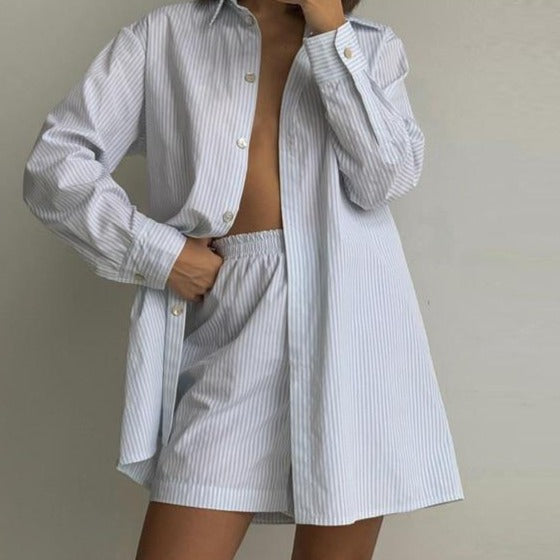 Loung Wear Tracksuit Women Shorts Set Stripe Long Sleeve Shirt Tops And Loose High Waisted Mini Shorts Two Piece Set 2021-Dollar Bargains Online Shopping Australia